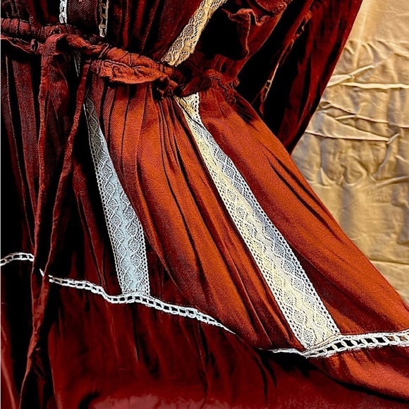 Bohme | Brown Pheasant Lace Lined Ruffled MIDI Dress Bib Style Front Hippie Wear - Picture 3 of 5